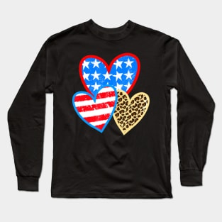 Summer Fashion 4th Of July Leopard American Flag Heart Long Sleeve T-Shirt